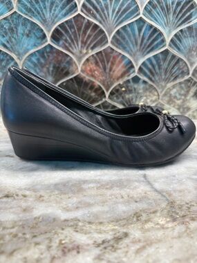 Cole Haan Tali Grand Black Leather Ballet wedge with Braided Bow and Gold Accent